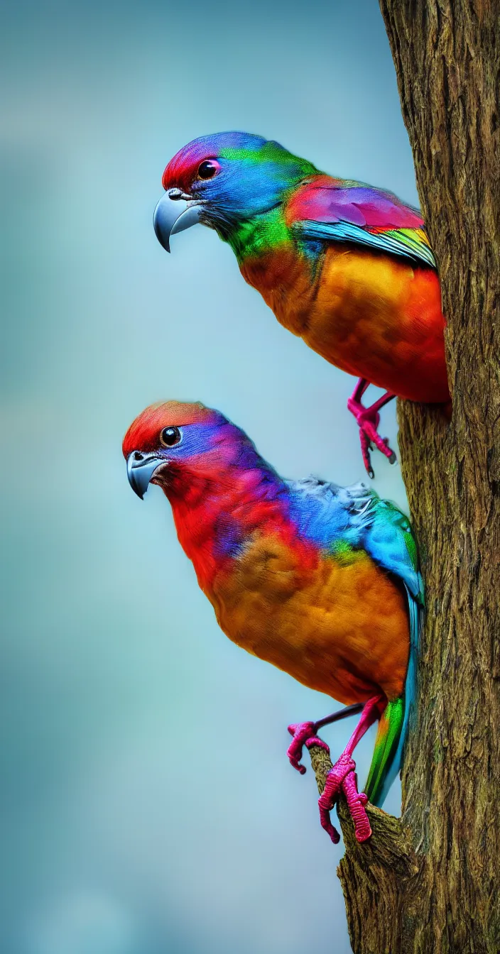 Prompt: realistic photo of multi colored futuristic bird sitting on tree, sharp focus, smooth background, cinematic lightening, wide angle shot, very hyper realistic, highly detailed, fantasy art station