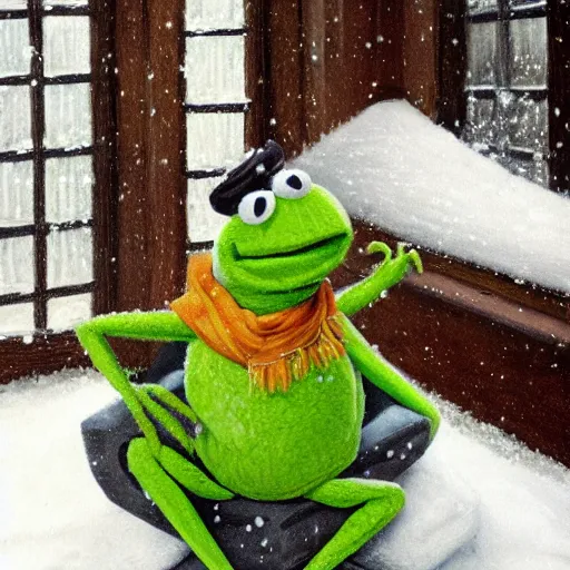 Prompt: Kermit the frog sits as it snows in the interior of a bourgeoise room, Still life with snow.