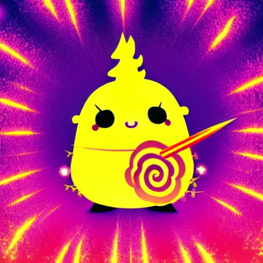 Image similar to kawaii wacky fluffy popcorn with lightning bolt power, with golden helmet, yokai, in the style of a mamashiba, with a yellow beak, with a toroidal energy field, with a smiling face and flames for hair, sitting on a lotus flower, white background, simple, clean composition, symmetrical, suitable for use as a logo