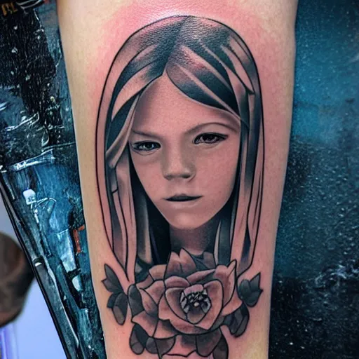 Image similar to girl with tattoo, realistic detailed shading, photo, robin elay