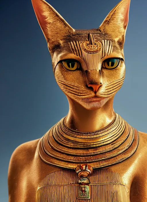 Prompt: closeup portrait of an egyptian cat goddess, depth of field, zeiss lens, detailed, symmetrical, centered, fashion photoshoot, by Annie Leibovitz and Steve McCurry, David Lazar, Jimmy Nelsson, Breathtaking, 8k resolution, extremely detailed, beautiful, establishing shot, artistic, hyperrealistic, beautiful face, octane render