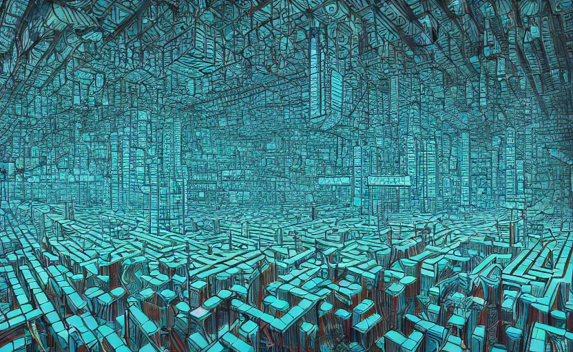 Prompt: interior of an elaborate labyrinth of runic cubes, dark teal, endless maze - like runes, sharp high detail, masterpiece by satoshi kon, crystal cubism, greeble, tesseract, darksynth, high definition