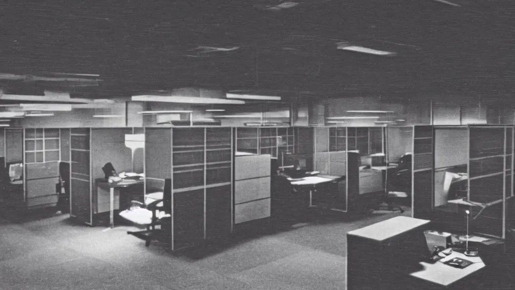 Prompt: 1970s color interior magazine photo of a row of office cubicles at night lit by the soft glow of candlelight, shimmering, in an attic