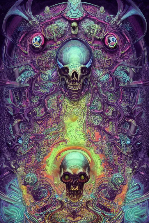 Image similar to gigantic psychedelic demonic cosmic skull, alien tentacles, fantasy painting, mandala, ultra realistic, wide angle, art nouveau, intricate details, ink illustration, rainbowshift, vivid colors, highly detailed by peter mohrbacher, h. r. giger, maxfield parrish, gustave dore, craig mullins, octane render, cgi