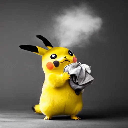 Image similar to sneezing cute detective sneezing pikachu wiping face with rag at a photoshoot studio lighting by annie leibovitz