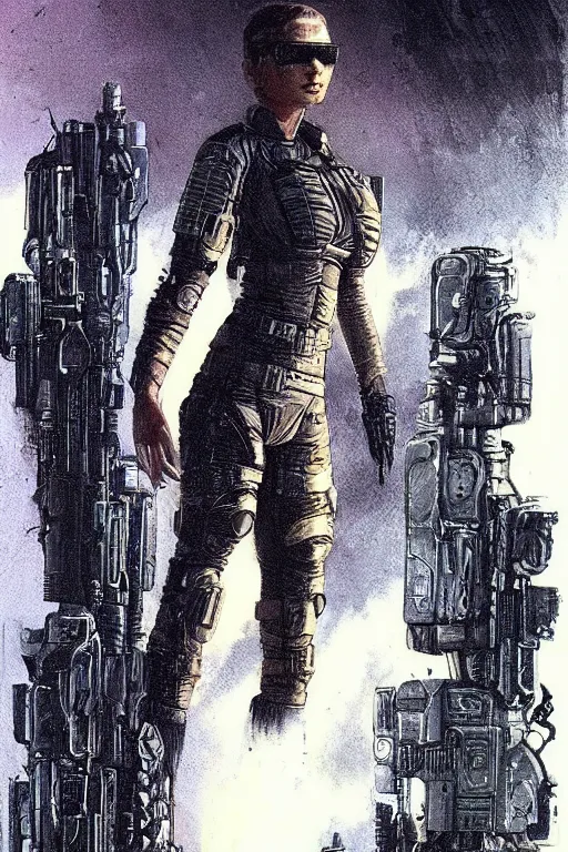 Image similar to Sonya. blackops mercenary in near future tactical gear, stealth suit, and cyberpunk headset. Blade Runner 2049. concept art by James Gurney and Mœbius.