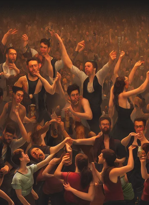 Image similar to image of group of people very drunk dancing chaotic and large technics dj table front of picture, beer bottles flying in the air, dark backround, highly detailed, digital illustration, trending in artstation, modern painting, smooth, sharp focus, intricate, einar jonsson and bouguereau