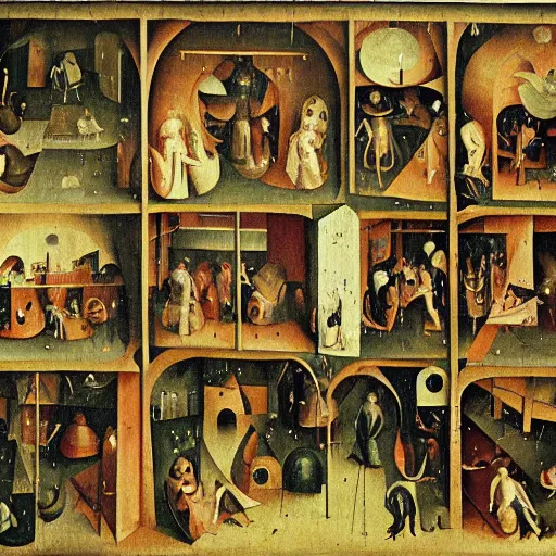 Image similar to a depication of a factory in the style of Hieronymus Bosch.