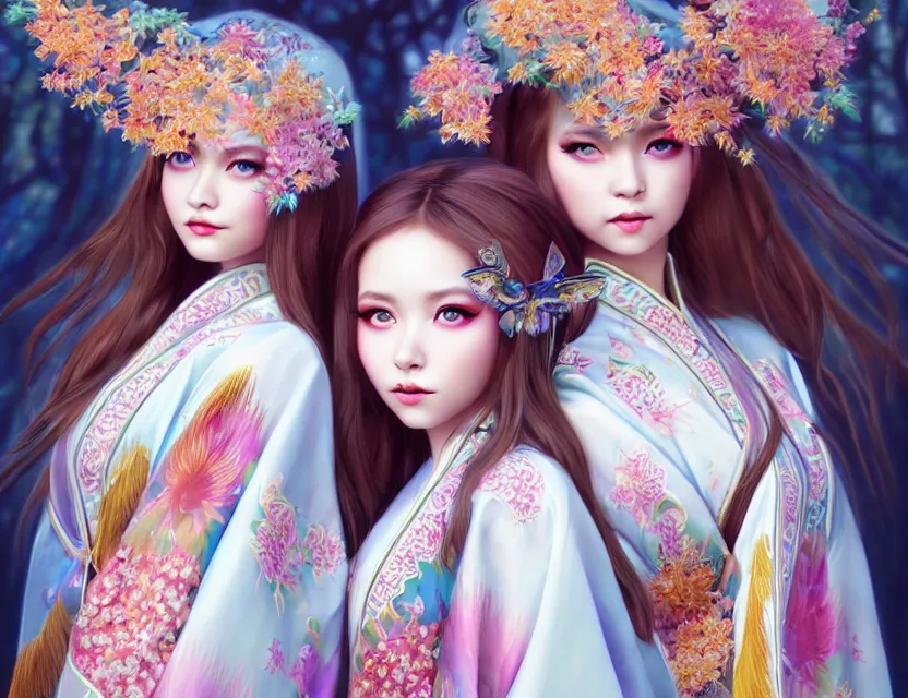 Image similar to two beautiful fashion siberian girls wear fantasy kimono in festival | | big eyes, sunny, dreamlike art, realistic shaded, smile, good looking, hyper details, 4 k realistic, cryengine, realistic shaded lighting poster by artgerm, ross tran, fuji choko, loish, 8 k resolution, trending on artstation, luxury