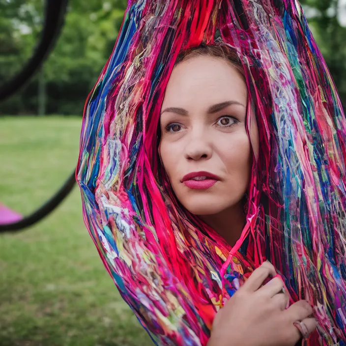 Prompt: a closeup portrait of a woman wearing a cloak made of ribbons, staring at an empty swing playground, claymation, canon eos c 3 0 0, ƒ 1. 8, 3 5 mm, 8 k, medium - format print