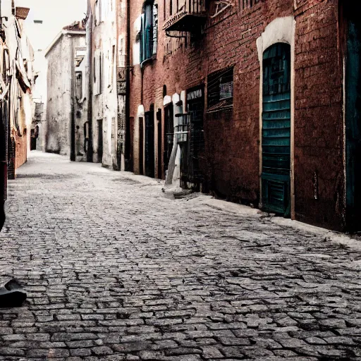 Image similar to photo extreme long shot of floating clothes in a back street, cinematic, depth of field, bokeh, atmospheric, 8k, trending on artstation