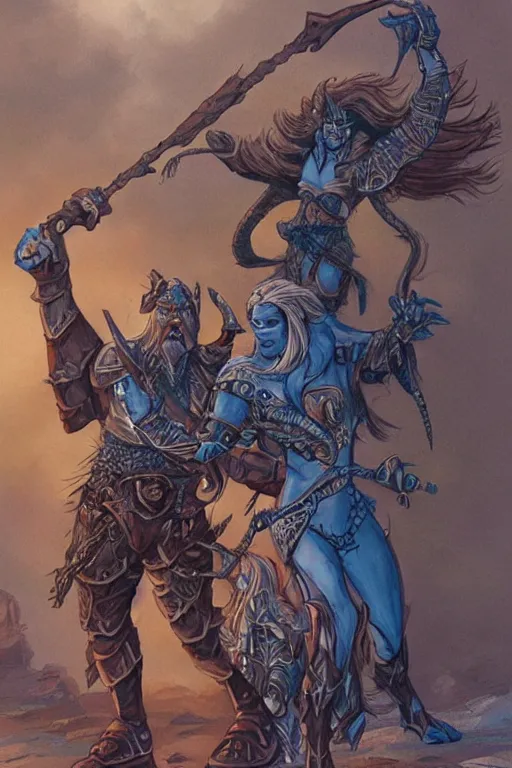 Image similar to a small blue-skinned triton girl wearing scale armor riding on a the shoulders of a large male goliath wearing fur and leather armor, dnd concept art, painting by Larry Elmore and ross tran