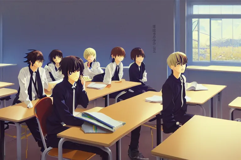 Prompt: boy's love anime modern high school classroom in winter clear day, expert high detail concept art animatic, perfect proportions defined face, vivid colors, photorealistic shaded lighting poster ilya kuvshinov, katsuhiro, jeremy lipkin and michael germash, makoto shinkai, wlop loish and clamp style, trending on art station, best selling artist