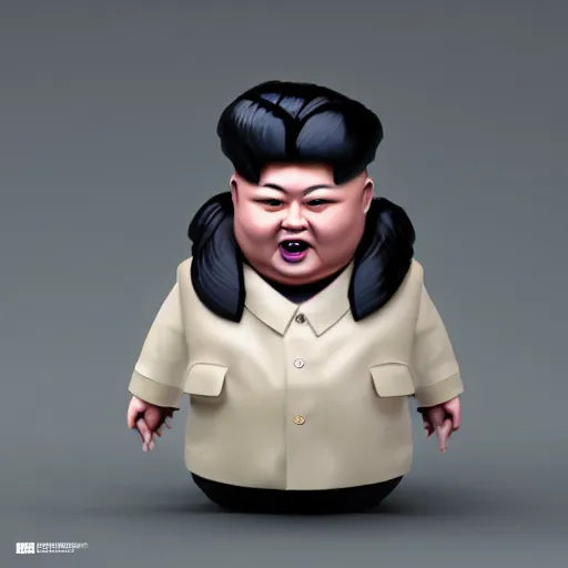 Image similar to kim jong un doll being chased by screaming bob ross doll octane render