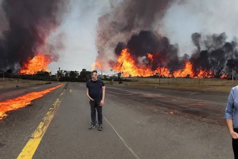 Image similar to a photo of Dan Andrews standing in front of Melbourne as it burns to the ground