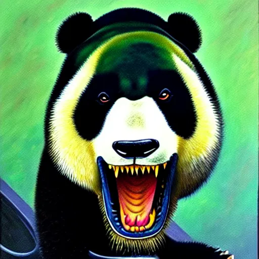 Image similar to oil painting of panda - crocodile hybrid with striking crocodile scales, and piercing eyes, by hayao miyazaki