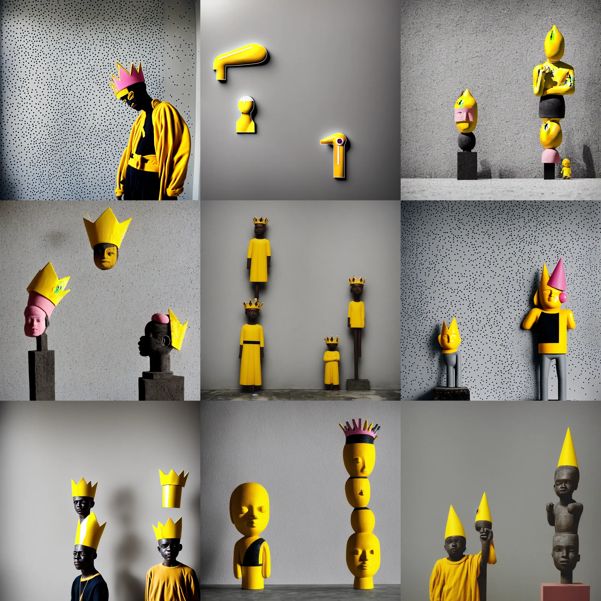 Image similar to kodak portra 4 0 0, 8 k, shot of a highly detailed, britt marling style, colour still - life portrait of a large minimalistic room, rough concrete walls, the wooden statue of a yellow black striped little man with pink crown on his head