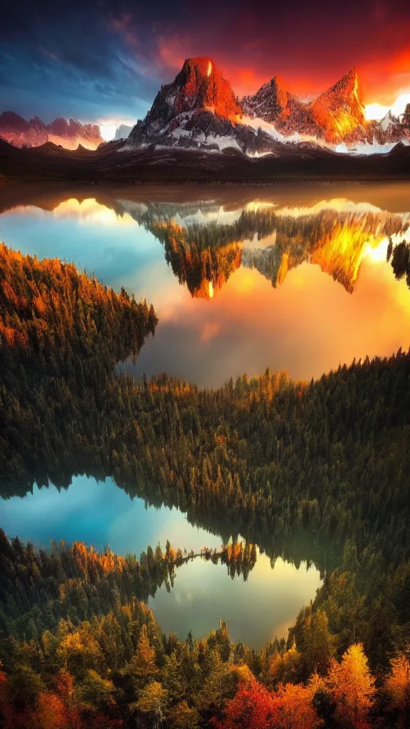 Image similar to amazing landscape photo of mountains with lake in sunset by marc adamus, beautiful dramatic lighting