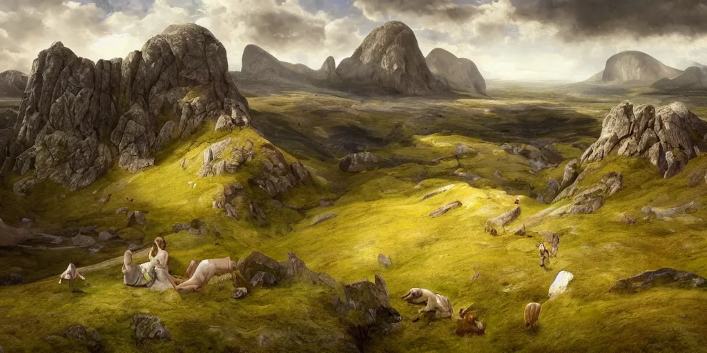 Image similar to Beautiful landscape of Aberdeenshire and Bennachie in the centre, physically accurate, dramatic dynamic lighting, intricate, elegant, highly detailed, digital painting, artstation, very hyperrealistic, Hieronymus Bosch, Tomas Sanchez, Renaissance, concept art, smooth, sharp focus, illustration, art by artgerm and greg rutkowski and alphonse mucha