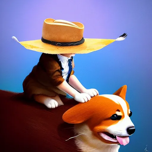 Image similar to tiny cat as a girl in cowboy hat riding on the back of a giant corgi by greg rutkowski