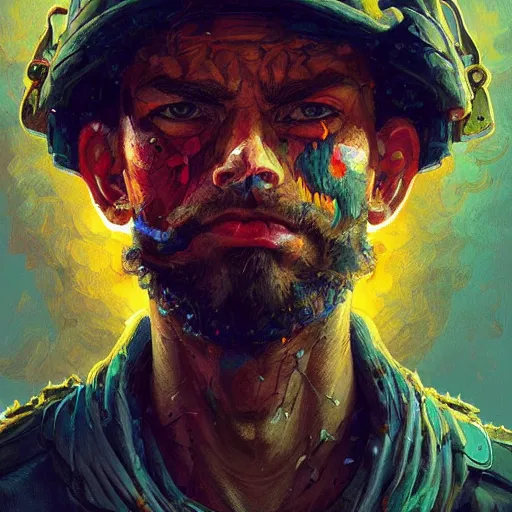 Image similar to Rugged soldier, handsome, colorful, surreal, dramatic lighting, face, upper body, detailed, intricate, elegant, highly detailed, digital painting, artstation, concept art, smooth, sharp focus, illustration, art by Sam Spratt, Dan Mumford, Artem Demura and Alphonse Mucha