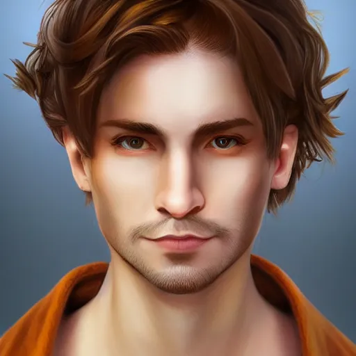 Image similar to realistic portrait, 25 years old man :: athletic fantasy mage :: green eyes, shoulder long brown hair :: wearing a brown robe :: high detail, digital art, RPG, concept art, illustration