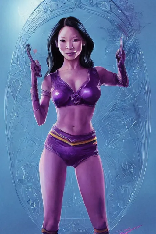 Image similar to frontal standing pose portrait of Lucy Liu as Sabrina the Teenager Witch, very beautiful young woman, straight hair, push-up underwire. Intricate, concept art, magic lighting overlays, magical portal opened, D&D!, fantasy style, sharp focus!, ultra detailed, art by Artgerm and Peter Andrew Jones, WLUP, Magali Villeneuve