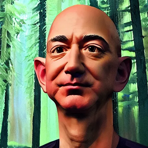 Image similar to jeff bezos skinwalker hunting you in a dark forest with a knife, fully body, realism