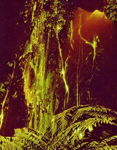Image similar to vintage color photo of a giant 1 1 0 million years old abstract sculpture made of light beams and liquid gold covered by the jungle vines