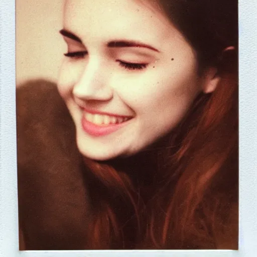 Prompt: a beautiful face of a young pale woman with closed eyes, small lips pointy nose, cheeks, and brown hair in two buns, smiling seductivly at you, polaroid
