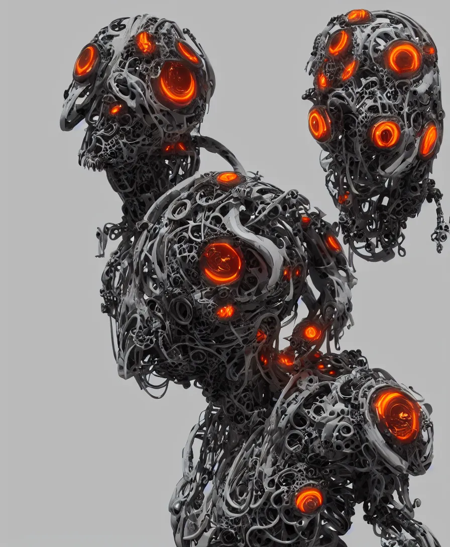 Image similar to biomechanical futuristic creepy cyborg creature with gas mask and eyes made of camera lenses. white and orange plastic. concept art by jarold Sng | octane render