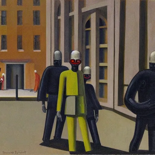 Prompt: drab workers wearing gas masks walking along cloisters, watched by fascist robots, brutalist courtyard, dystopian, pj crook, edward hopper, oil on canvas