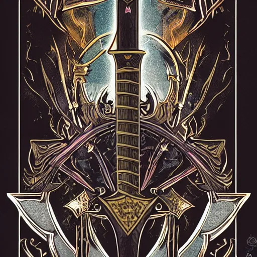 Image similar to a sword raised in the air, symmetrical, fantasy, concept art, poster, in the style of magic the gathering, powerful