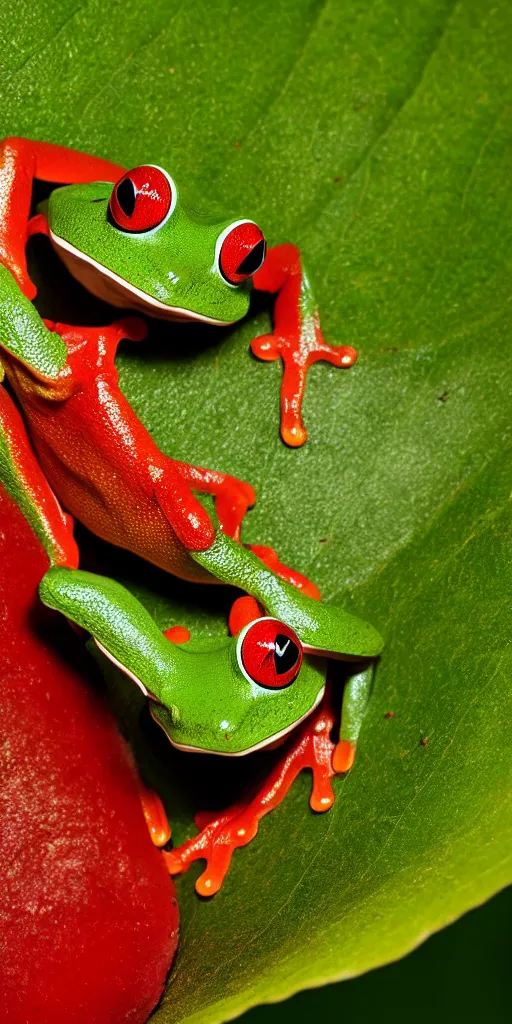 Image similar to macro photo of a red-eyed tree frog on a leaf, Nikon D810, ƒ/5.0, focal length: 46.0 mm, Exposure time: 1/60, ISO: 400, hyper-detailed, award-winning National Geographic photo