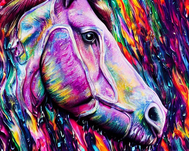 Prompt: still shot close up footage of the portrait of a horse head explodes and disintegrates into acrylic pour and splashing paint, motion blur, hyperrealistic, medical, intricate art photography, anatomically correct, realistic crisp textures, 1 6 k