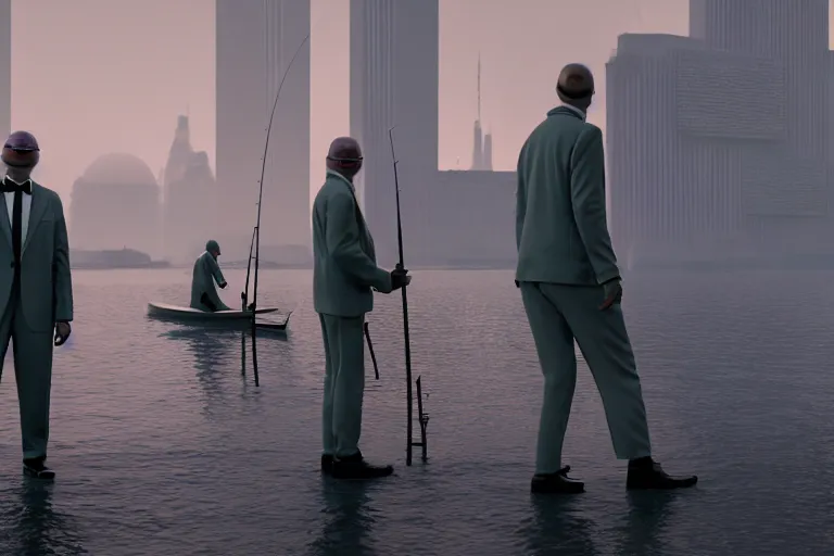 Image similar to hyperrealism photography simulation highly detailed human turtles'wearing detailed tuxedos and smoking, fishing in hyperrealism scene from cyberpunk movie from future by wes anderson and denis villeneuve and mike winkelmann rendered in blender and octane render