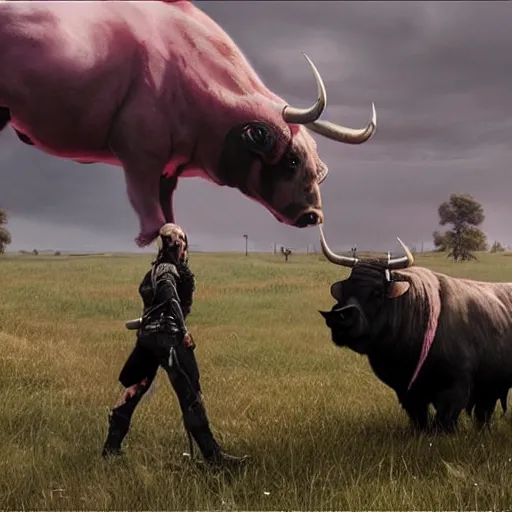 Prompt: epic scene, concept art by Maciej Kuciara, highly detailed, ultra realistic two black bull stay face to face on pink a clearing with pink grass and a river long-range plan without human