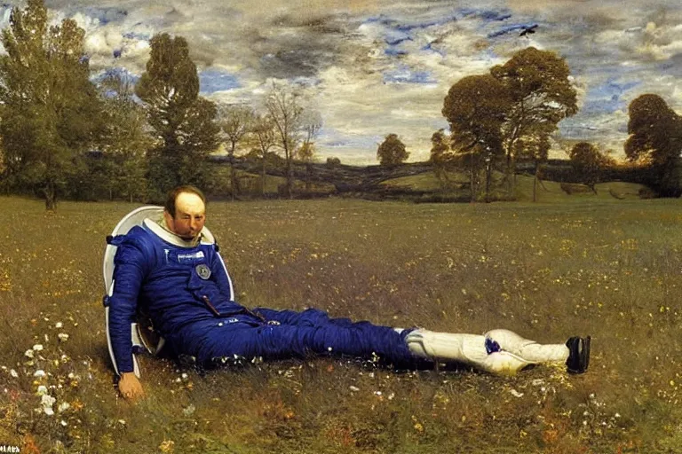 Image similar to sad portrait of an astronaut in a meadow by sir john everett millais, photorealistic, hyperdetailed, ethereal, masterpiece, oil painting