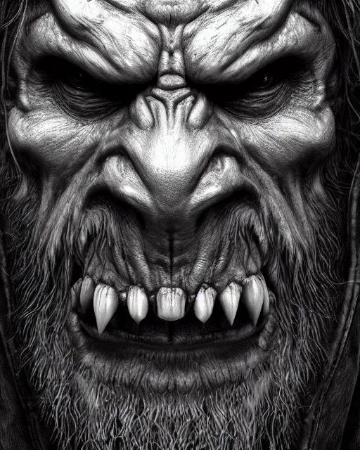 Image similar to orc, hyper realism, fine details, deviantart artstation, extremely detailed, black and white, very sharp, in the style of albrecht durer