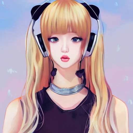 Image similar to realistic beautiful gorgeous natural cute Blackpink Lalisa Manoban blonde hair cute fur blonde cat ears, wearing camisole, wearing headphones, wearing black leather choker artwork drawn full HD 4K highest quality in artstyle by professional artists WLOP, Taejune Kim, Guweiz on Artstation Pixiv