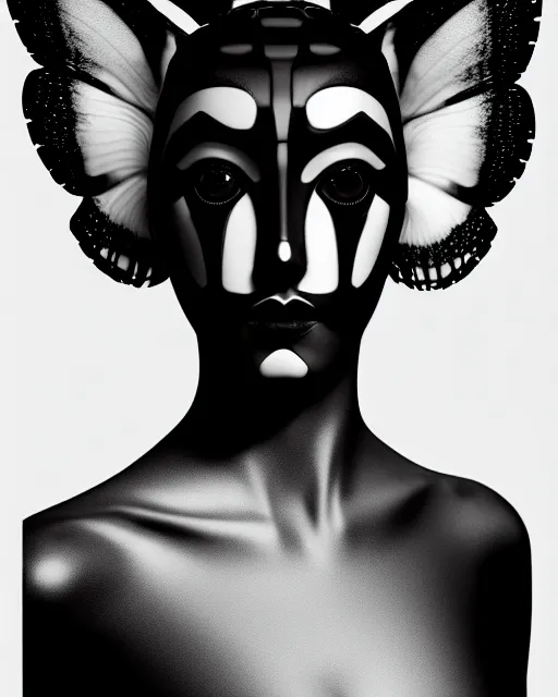 Image similar to surreal mythical dreamy dark artistic black and white fine art 3 / 4 fashion portrait photo of a young beautiful delicate female robot with orchid - owl face, rim light, cinematic, studio dramatic light, poetic, masterpiece, octane render, 8 k, photo - realistic by hg giger and man ray