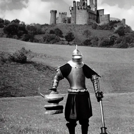 Image similar to anthropomorphic fox!! who is a medieval knight holding a swo - rd towards a stor - my thundercloud [ 1 9 3 0 s film still ], ( castle in the background )