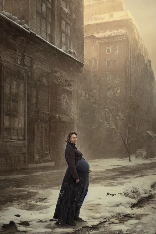 Prompt: full-length portrait of a pregnant woman on the street of besieged Leningrad, historically reliable photo chronicle, winter 1941, , ultra detailed, digital art, octane render, 4K, dystopian, micro details, by Greg Rutkowski and Raymond Swanland, Trending on Artstation