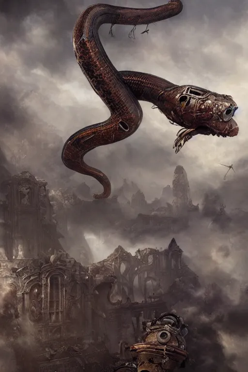 Image similar to Abstract tech action scene of a flying steampunk snake, ruins, horror, volumetric clouds, focus, detailed, realistic eyes looking at camera, symmetric body features proportions, intricate details, award winning, unreal render, by Tom Bagshaw