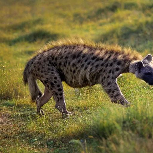 Image similar to national geographic photograph, a hyena walking through a pyrenean landscape where there is a lake