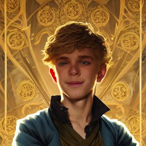 Prompt: an epic fantasy comic book style portrait painting of a young blonde boy thief, d & d, fantasy, joyful smirk, intricate, elegant, highly detailed, digital painting, artstation, concept art, matte, sharp focus, illustration, art by artgerm and greg rutkowski and alphonse mucha