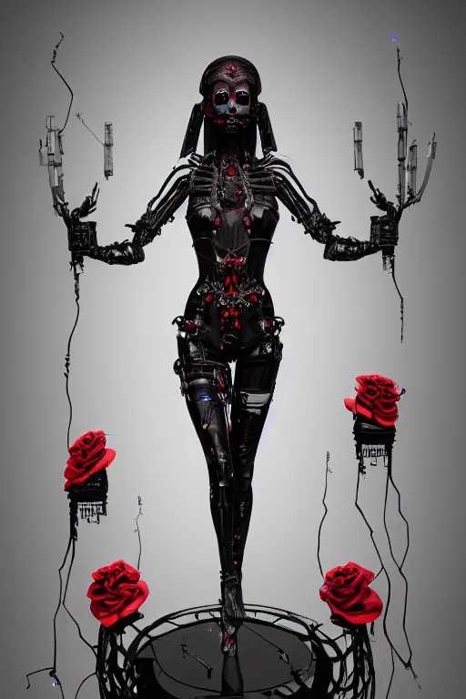 Image similar to full-body cyberpunk style sculpture of a young beautiful dark priestess, half android with a head opening exposing circuitry, glowing red eyes, black roses, flowing blood red colored silk, fabric, candles. baroque elements, human skull. full-length view. baroque element. intricate artwork by Caravaggio. crows flying in background. Trending on artstation, octane render, cinematic lighting from the right, hyper realism, octane render, 8k, depth of field, 3D