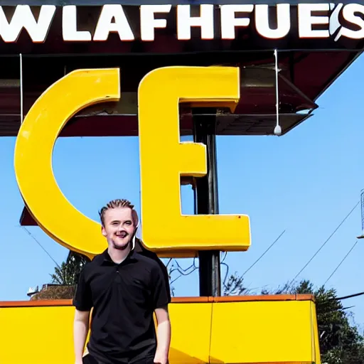 Image similar to wafflehouse employee's standing below wafflehouse sign