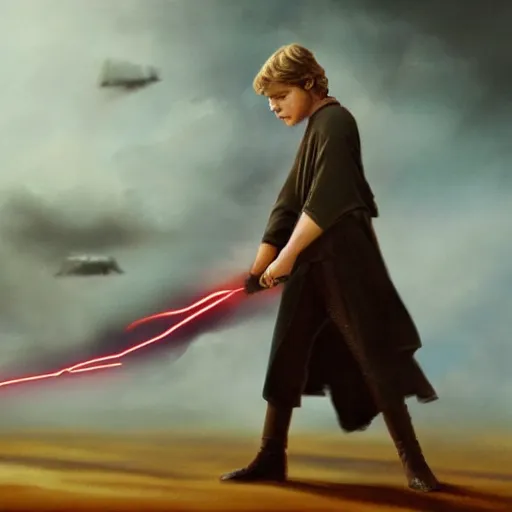 Image similar to anakin skywalker uses the force to lift a sock, cinematic painting