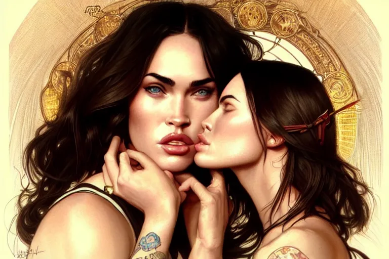 Image similar to portrait of megan fox kissing a blonde woman, lesbian kiss, intricate, headshot, highly detailed, digital painting, artstation, concept art, sharp focus, cinematic lighting, illustration, art by artgerm and greg rutkowski, alphonse mucha, cgsociety